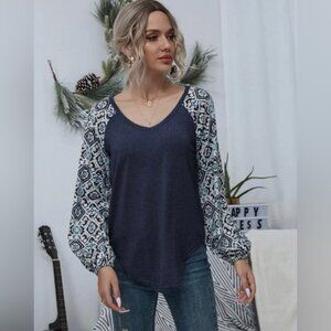 Long Sleeved Light Blue Top with Floral Bishop Sleeves